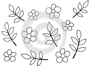 Simple linear black and white seamless pattern with flowers and twigs