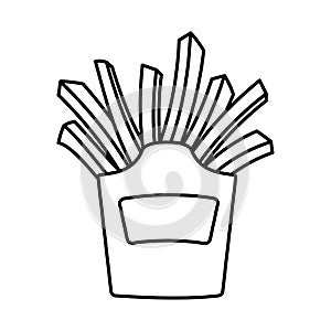 Simple linear icon black and white. Fast food. Deep fried french fries from a restaurant cut into slices in a cardboard cup.