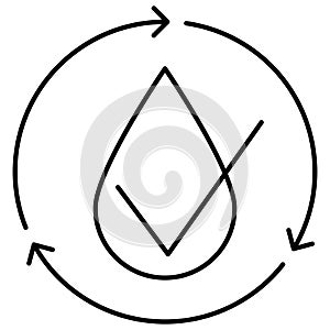 Simple linear icon of a drop with a checkmark inside a circular arrow