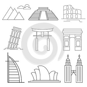 Simple linear icon set representing global tourist landmarks and travel destinations for vacations