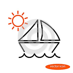 A simple linear illustration of a landscape with a sailing vessel floating on the waves and orange sun, a flat line icon