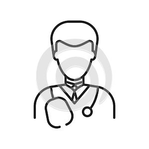 Simple linear medic icon on a white background. Doctor man in a shirt and tie. Gray lines.