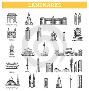 Simple linear Vector icon set representing global tourist asian landmarks and travel destinations for vacations