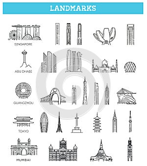 Simple linear Vector icon set representing global tourist asian landmarks and travel destinations for vacations