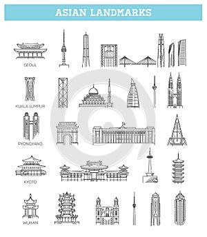 Simple linear Vector icon set representing global tourist asian landmarks and travel destinations for vacations