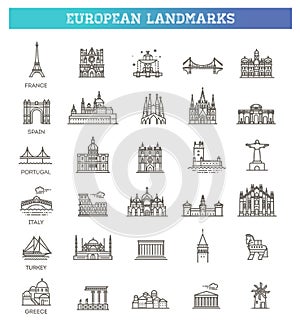 Simple linear Vector icon set representing global tourist european landmarks and travel destinations for vacations.