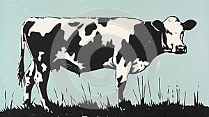 Simple linocut-style illustration of a cow in black and white, contrasted with a gentle blue backdrop