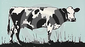 Simple linocut-style illustration of a cow in black and white, contrasted with a gentle blue backdrop photo
