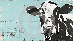 Simple linocut-style illustration of a cow in black and white, contrasted with a gentle blue backdrop photo