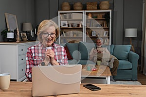 Simple living. Happy retired senior couple at their home spending time together. Enjoying in life surfing the internet on laptop,