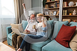 Simple living. Modern senior couple using laptop computer, searching the internet to find nice place for vacation. Older retired