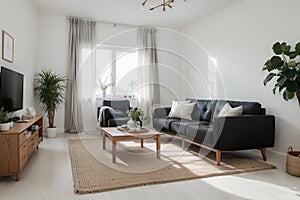 Simple living room white armchair home interior, clean modern home design background,  Scandinavian design style.