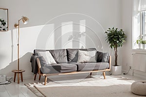 Simple living room white armchair home interior, clean modern home design background,  Scandinavian design style.