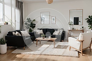 Simple living room white armchair home interior, clean modern home design background,  Scandinavian design style.