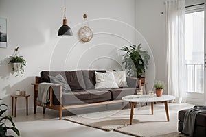 Simple living room white armchair home interior, clean modern home design background,  Scandinavian design style.