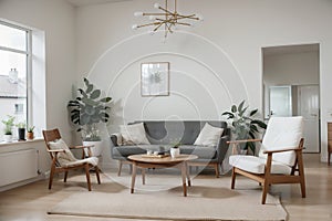 Simple living room white armchair home interior, clean modern home design background,  Scandinavian design style.