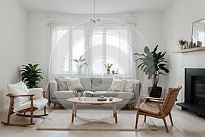 Simple living room white armchair home interior, clean modern home design background,  Scandinavian design style.