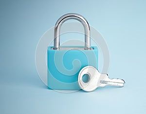 Simple lock and key. Small padlock with small shiny key. Business data encryption, home security, or other safeguarding metaphor photo