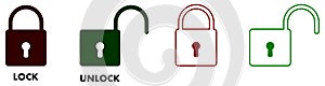 Simple lock or unlock padlock icons, filled and outline version