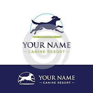 Simple logo running dog in green grass. canine resort, training, boarding, pet business symbol