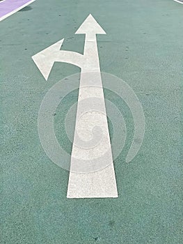 Simple make a turn choice concept: White isolated arrow on green pavement showing direction straight ahead or left