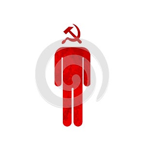 Simple man icon with red Soviet sickle and hammer symbol instead head communist icon on white