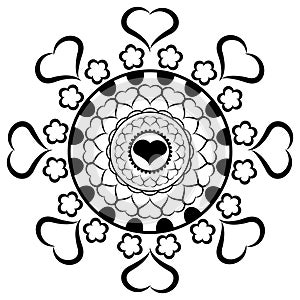 Simple mandala art with flower, heart shape and circle