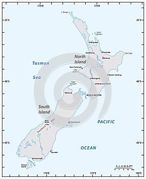 Simple map of New Zealand with degrees of longitude and latitude photo