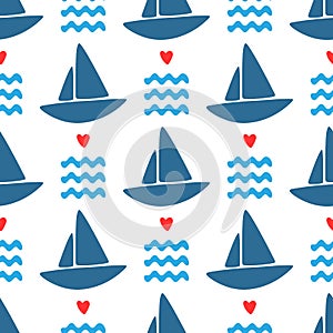 Simple marine seamless pattern. Repeated silhouettes of sailboats, waves and hearts.