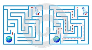 Simple maze abstract game with answer. Help rocket fly to earth. Easy labyrinth for kids. Vector