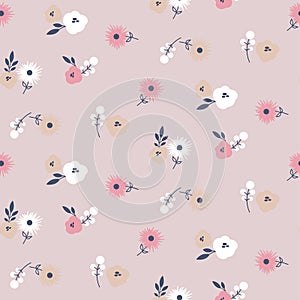 Simple meadow florals tender colors seamless vector pattern.