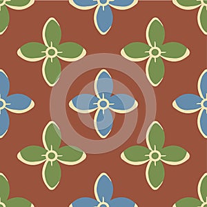 Simple medieval style stylized flowers vector pattern background. Hand drawn blue green floral motifs on brown backdrop