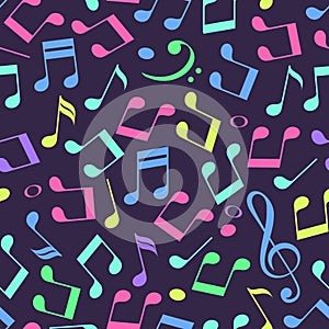 Simple messy colorful music notes with treble and bass clefs, seamless pattern, vector