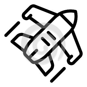 Military fighter jet plane flying fast line icon