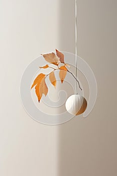 Simple, minimal arrangement, twig with Autumn leaves, sunlight, shadows, generative AI