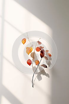 Simple, minimal arrangement, twig with Autumn leaves, sunlight, shadows, generative AI