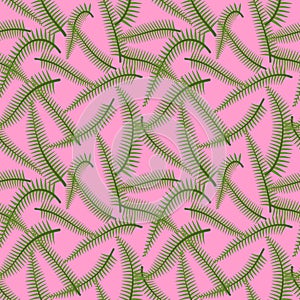 Simple minimal green fern leaves tropical seamless pattern. Pink background.