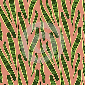 Simple minimal green snake plant leaves tropical seamless pattern. Pink background.