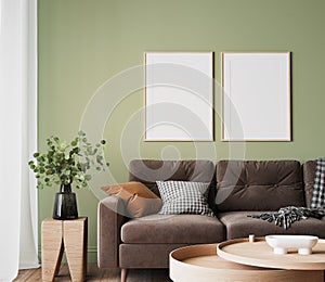 Simple minimal modern style interior, Frame mock up on green wall background