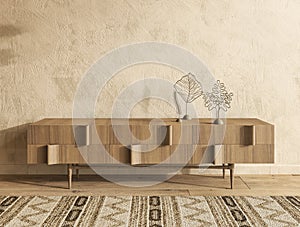 Simple minimal Nomadic style interior design. 3d render living room in neutral color. High quality 3d illustration.