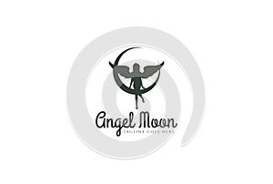 Simple Minimalist Angel Woman Lady Female Silhouette and Crescent Moon Logo Design Vector
