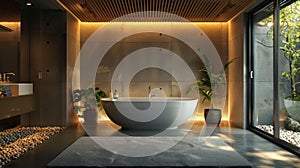 A simple, minimalist bathroom interior featuring a large white bath tub positioned next to a window, creating a bright