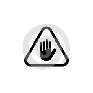 A simple, minimalist black and white icon featuring a stylized hand symbol enclosed within triangular warning sign