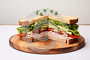 a simple, minimalist clubhouse sandwich on a circular wooden board