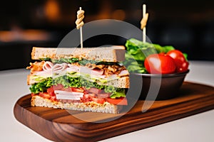 a simple, minimalist clubhouse sandwich on a circular wooden board