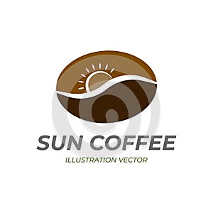 Simple Minimalist Coffee Bean with Sunset Beach Wave Illustration