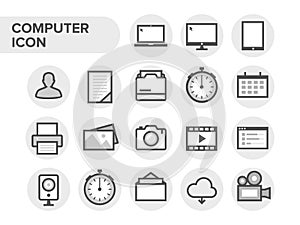 Simple minimalist computer icon set. Computer device technology notification icon.