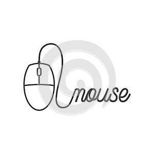 Simple Minimalist Computer Mouse with Cable Text Word Lettering Icon Illustration