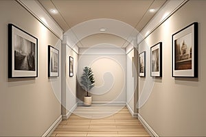 Simple minimalist gallery setup with photo frames at a corridor