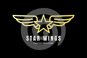 Simple Minimalist Golden Star Wings Monogram Line Logo Design Vector